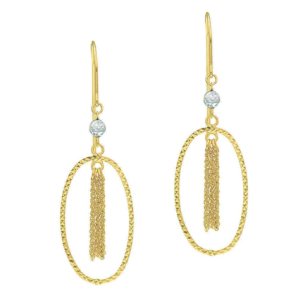 Diamond Cut Open Oval with Tassels Dangle Earrings Real 14kt Two-Tone Gold - besenn