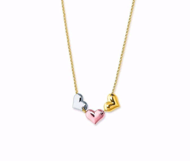 Heart Charm Tricolor Pendant Necklace Real 14K Rose Yellow White Gold 18