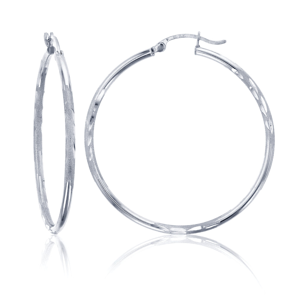 2mm X 50mm 2" Shiny Diamond Cut Round Hoop Earrings REAL 14K White Gold