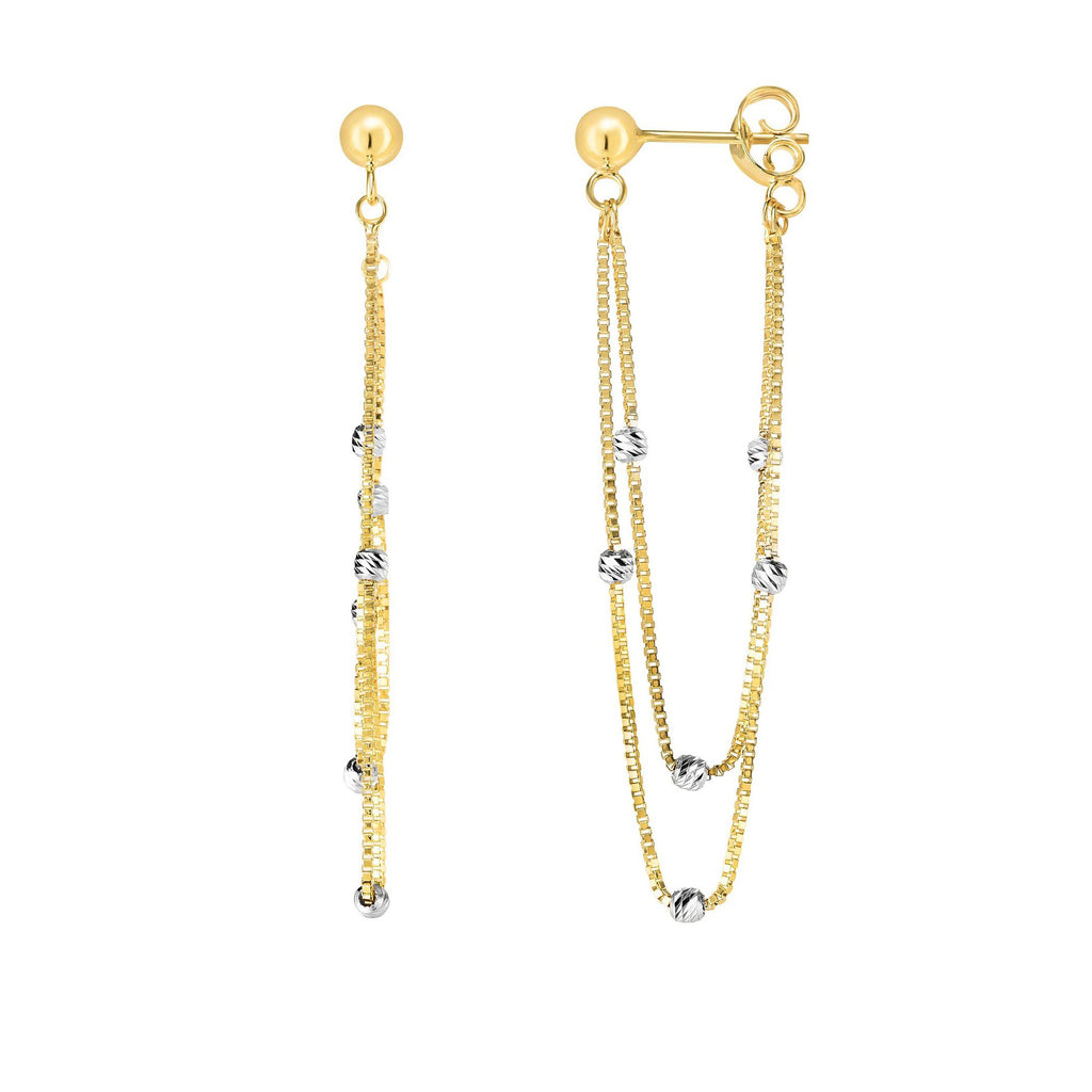 Diamond Cut Bead Ball Box Chain Tassel Drop  Earrings Real 14kt Two-Tone Gold - besenn