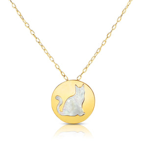 Cat Charm Mother of Pearl Necklace Real 14K Yellow Gold - besenn