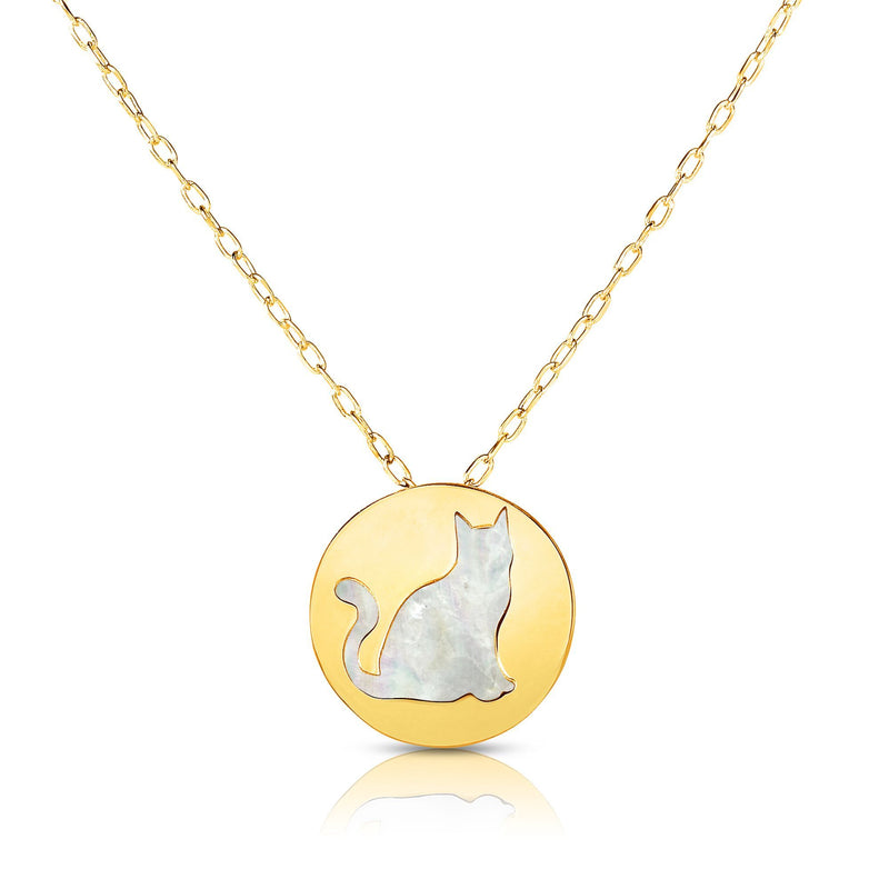 Cat Charm Mother of Pearl Necklace Real 14K Yellow Gold - besenn