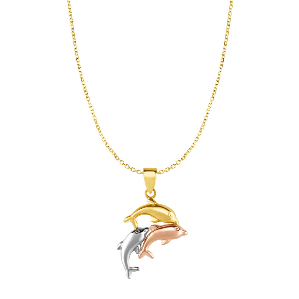 Tricolor Dolphins Charm Necklace Real 14K Yellow Gold - besenn