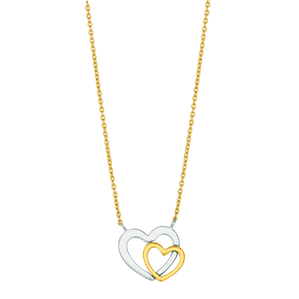 Double Heart White & Yellow Necklace Real 14K Yellow Gold - besenn