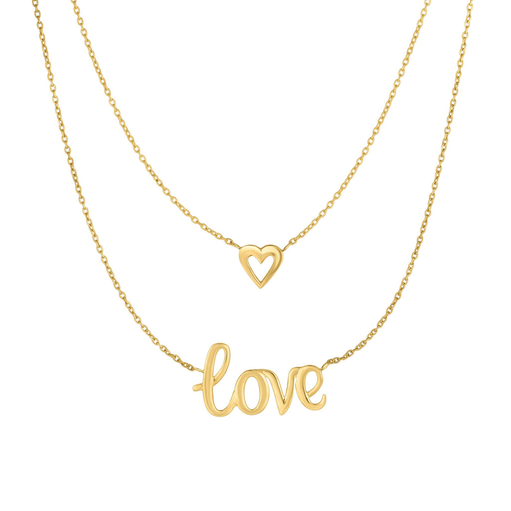 Love Heart Double Layer Necklace Real 10K Yellow Gold 17" - besenn