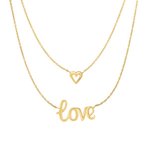 Love Heart Double Layer Necklace Real 10K Yellow Gold 17" - besenn