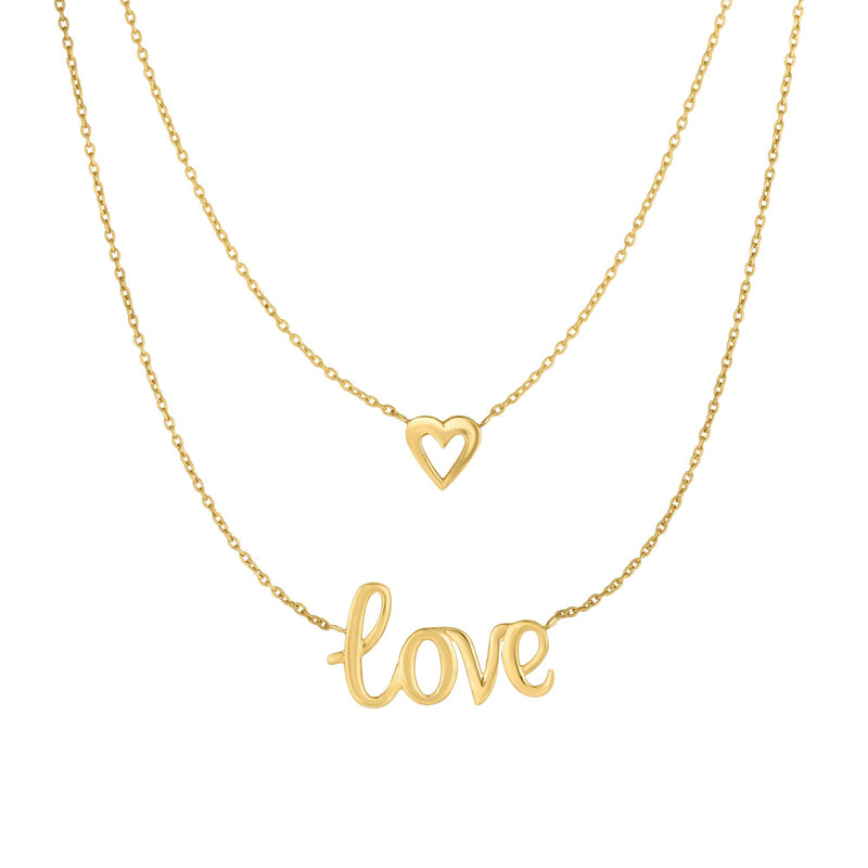 Love Heart Double Layer Necklace Real 10K Yellow Gold 17