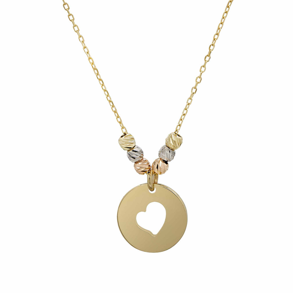 Tricolor Diamond Cut Bead Ball Heart Disc Necklace Real 14K Yellow Gold - besenn