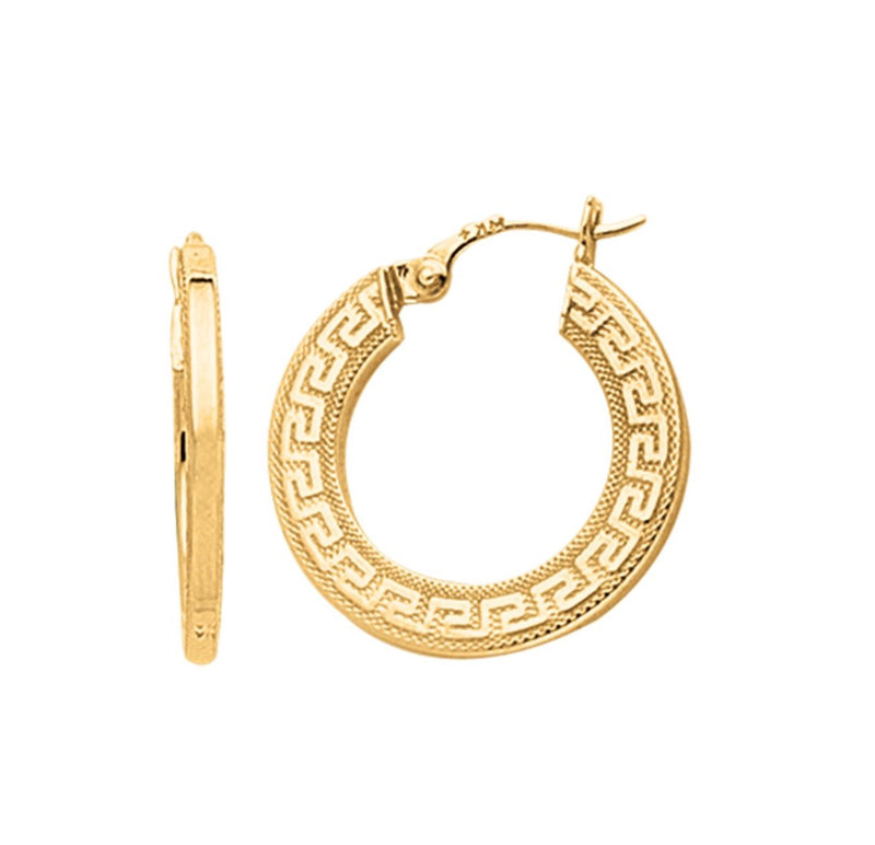 Textured Shiny Flat Greek Key Hoop Earrings Real 14K Yellow Gold