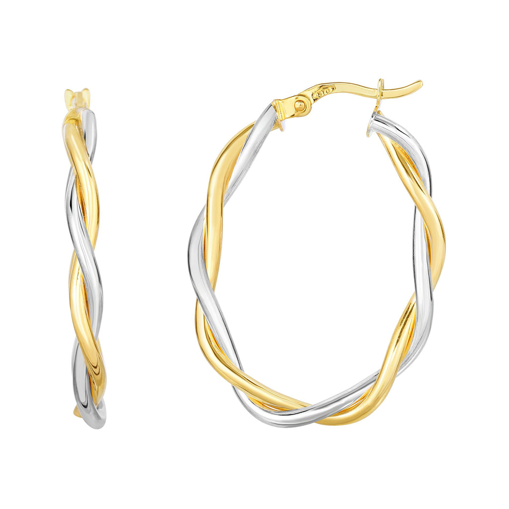 1" Two-Tone Double Wire Twisted Oval Hoop Earrings Real 10K Yellow White Gold - besenn