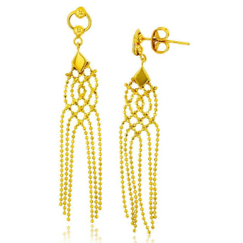 Diamond Cut Beaded Chandelier Earrings Real 14K Yellow Gold - besenn