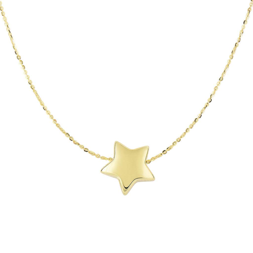 Puffed Star Sliding Pendant Necklace Real 14K Yellow Gold