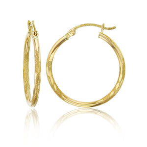 1" 25mm X 2mm Diamond Cut Shiny Hoop Earrings REAL 14K Yellow Gold - besenn