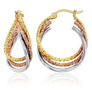 Diamond Cut Triple Row Twisted S Hoop Earrings Real 14K Tricolor Gold - besenn