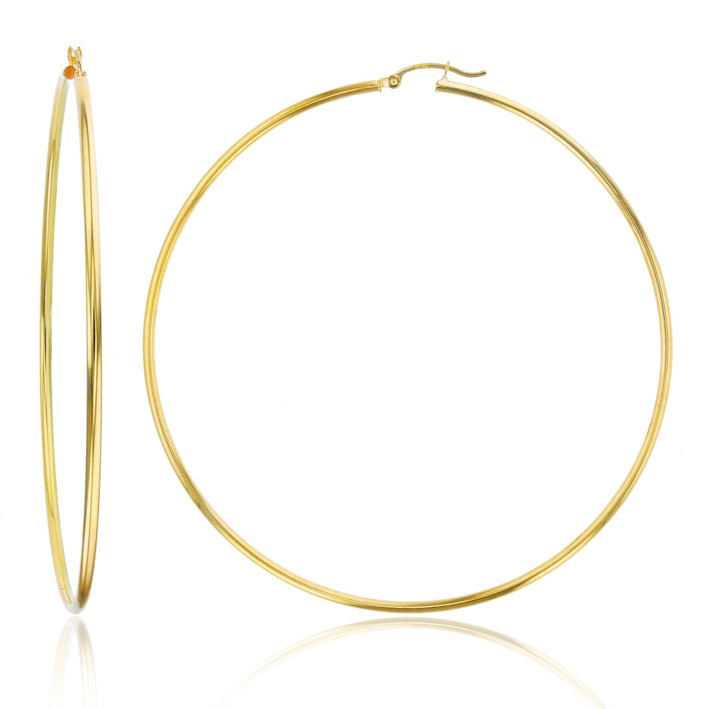 2mm X 70mm 2 3/4" Large Plain Shiny Hoop Earrings REAL 14K Yellow Gold 4.4 grams - besenn