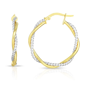 1" Twisted Two Tone Hoop Earrings Real 14K Yellow White Gold - besenn