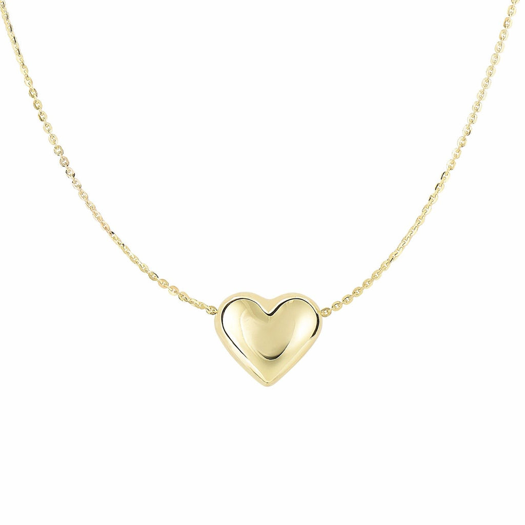 Puffed Mini Heart Charm Cable Chain Pendant Necklace Real 14K Yellow Gold 18" - besenn