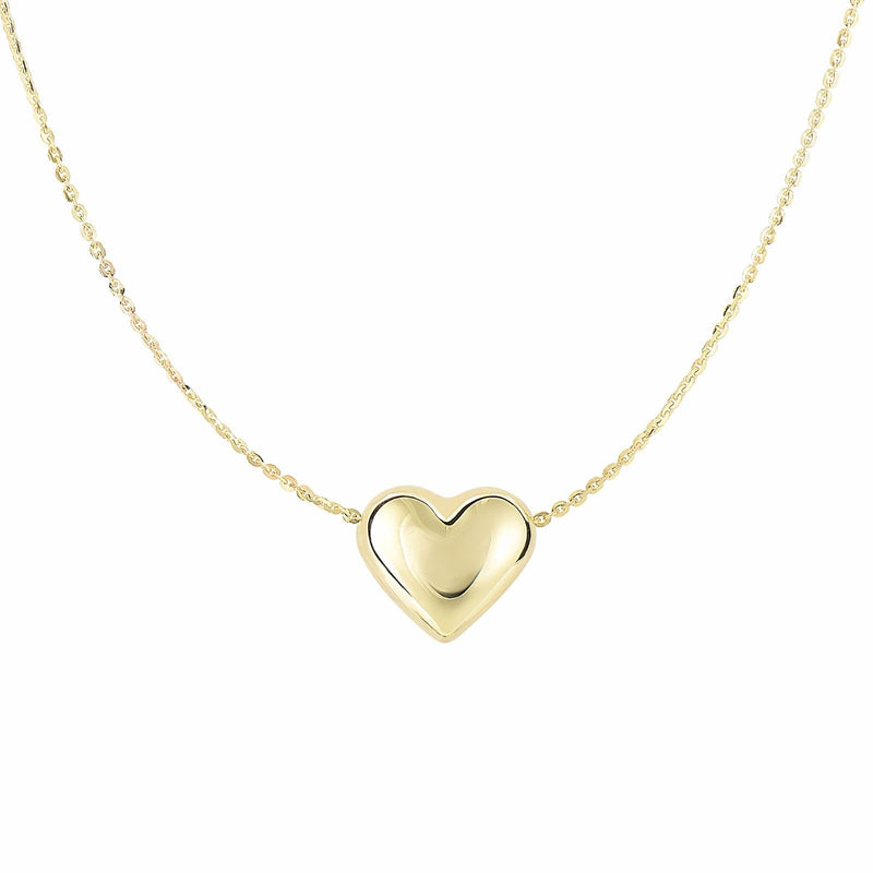 Puffed Mini Heart Charm Cable Chain Pendant Necklace Real 14K Yellow Gold 18