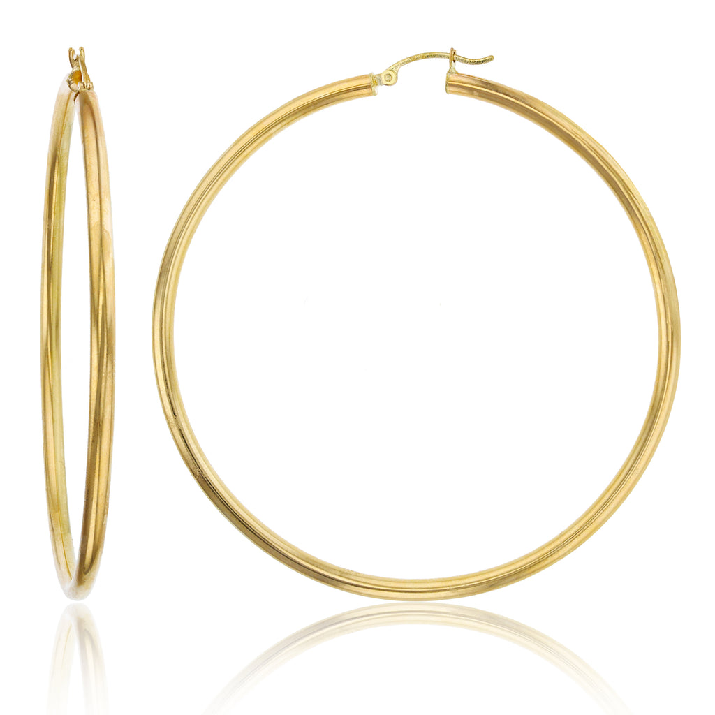 3mm X 70mm 2 3/4" Large Plain All Shiny Hoop Earrings REAL 14K Yellow Gold 5.7gr - besenn