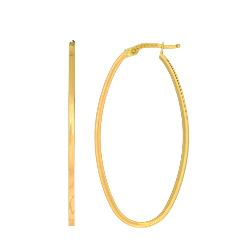 Square Tube Oblong Oval Hoop Earrings Real 14K Yellow Gold - besenn