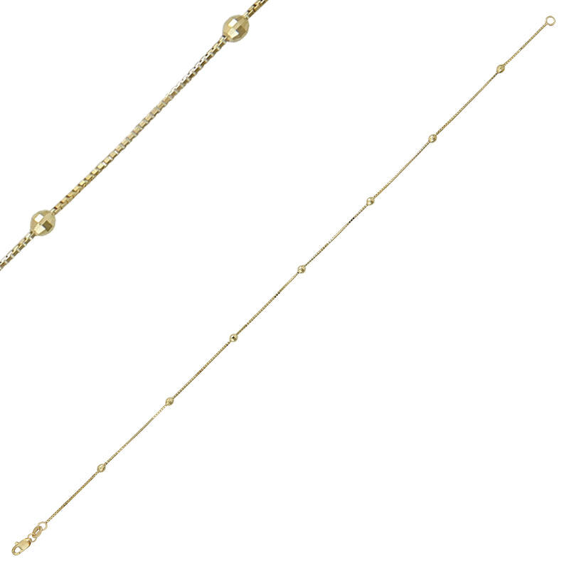 Diamond Cut Station Beaded Anklet Real 14K Yellow Gold 10