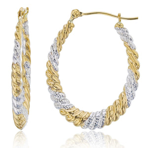 1" Oval Diamond Cut Twisted Hoop Earrings Real 14K Yellow White Two-Tone Gold - besenn