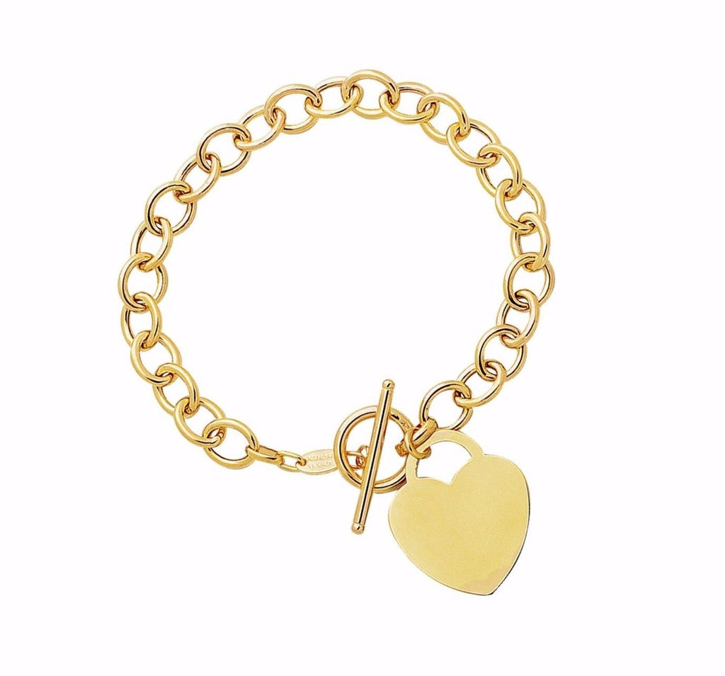 7.5" Heart Toggle Tag Oval Chain Charm Bracelet Real 14K Yellow Gold Engravable - besenn