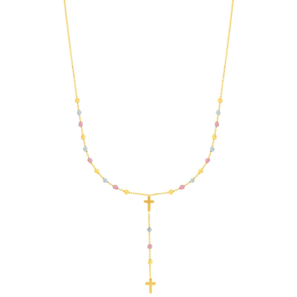 Tricolor Diamond Cut Bead Ball Cross Rosary Chain Necklace Real 14K Yellow Gold - besenn