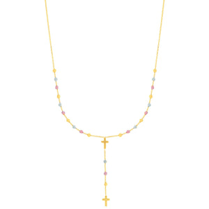 Tricolor Diamond Cut Bead Ball Cross Rosary Chain Necklace Real 14K Yellow Gold - besenn