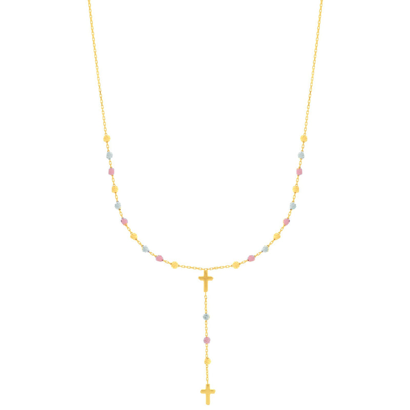 Tricolor Diamond Cut Bead Ball Cross Rosary Chain Necklace Real 14K Yellow Gold - besenn