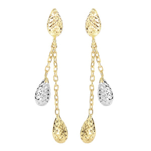 Puffed Teardrop Two-Tone Dangle Earrings Real 14K Yellow Gold - besenn