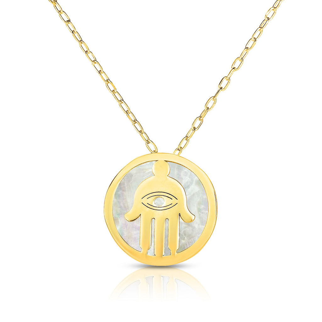 Hamsa Kabbalah Mother of Pearl Necklace Real 14K Yellow Gold - besenn