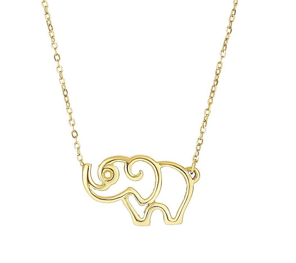 Small Open Elephant Charm Cable Chain Pendant Necklace Real 14K Yellow Gold 17" - besenn