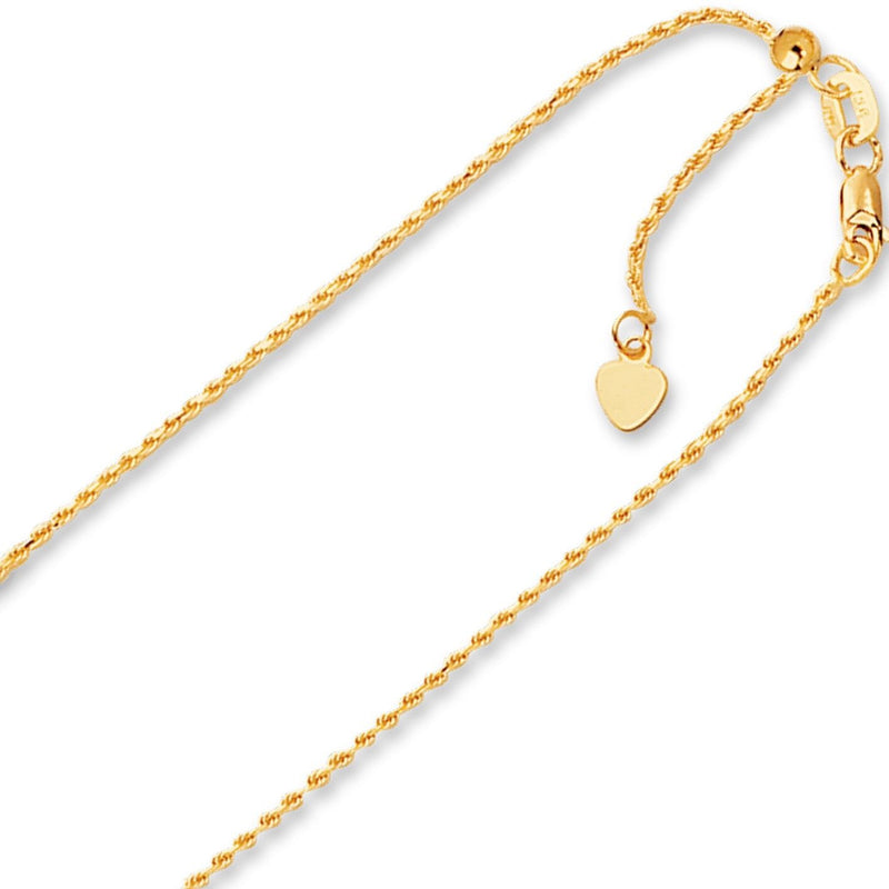 1.00mm Solid Adjustable Rope Chain Necklace REAL 14K Yellow Gold Up To 22