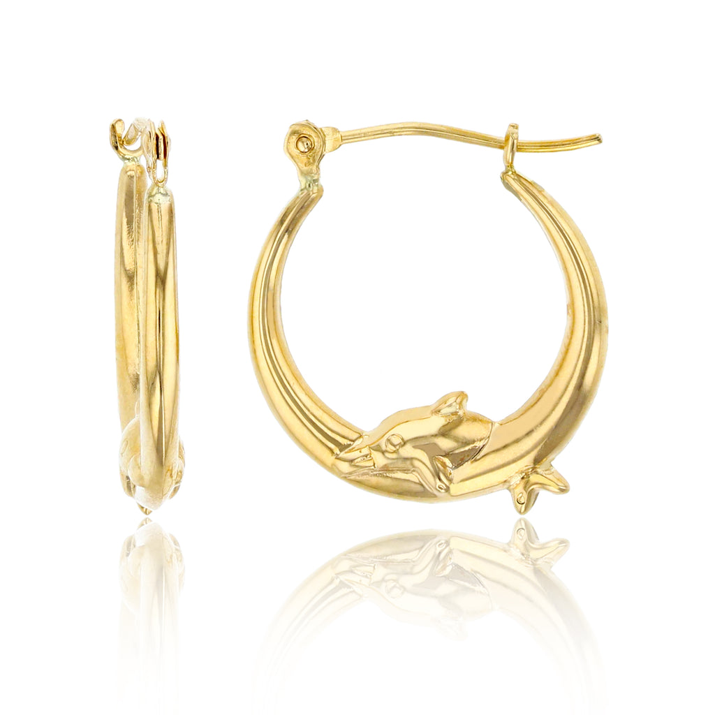 Polished Shiny Jumping Dolphin Round Hoop Earrings Real 14K All Yellow Gold - besenn
