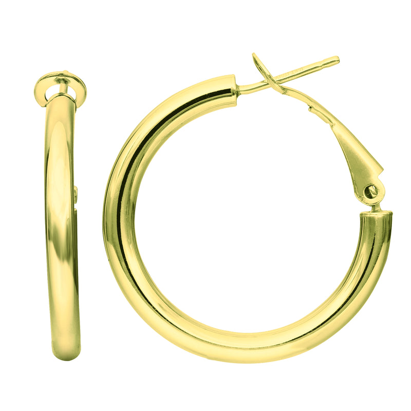 Omega Back Round Tube Hoop Earrings Real 14K Yellow Gold