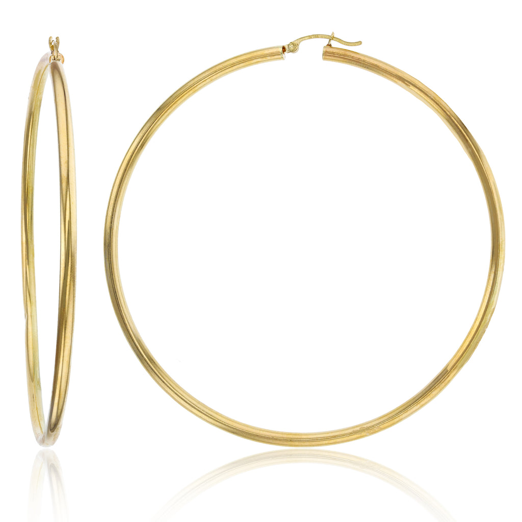 3mm X 80mm 3 1/8" Large Plain Shiny Hoop Earrings REAL 14K Yellow Gold 6.4 grams - besenn