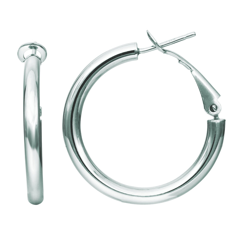 Omega Back Round Tube Hoop Earrings Real 14K White Gold