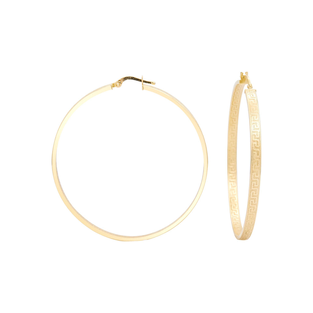 1 3/4" Edged Greek Key Design Textured Hoop Earrings Solid Real 14K Yellow Gold - besenn
