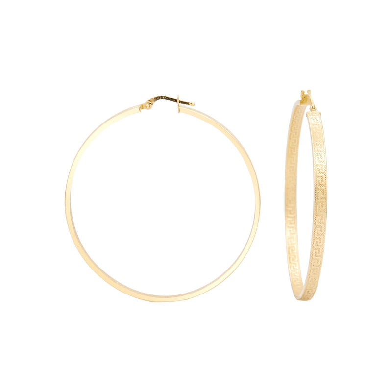 1 3/4" Edged Greek Key Design Textured Hoop Earrings Solid Real 14K Yellow Gold - besenn