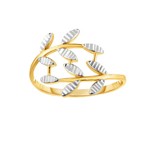 Shiny Diamond Cut Two-Tone Flower Ring Real 14K Yellow Gold - besenn