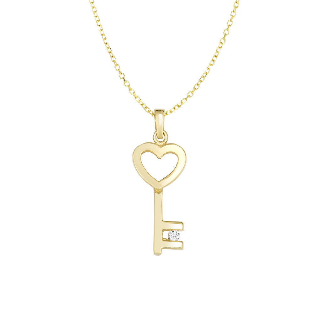 Heart Key .03ct Diamond Necklace Real 14K Yellow Gold