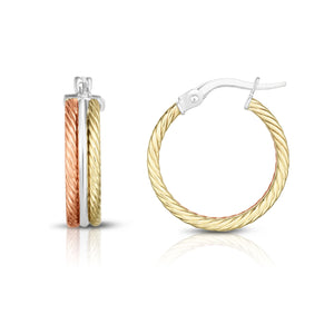 Textured Triple Row Tricolor Hoop Earrings Real 14K Yellow Gold - besenn