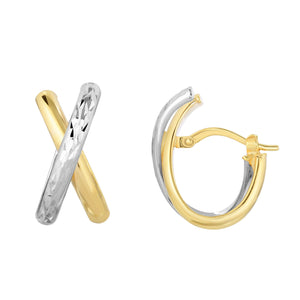 Two-Tone Diamond Cut X Design Hoop Earrings Real 10K Yellow Gold - besenn