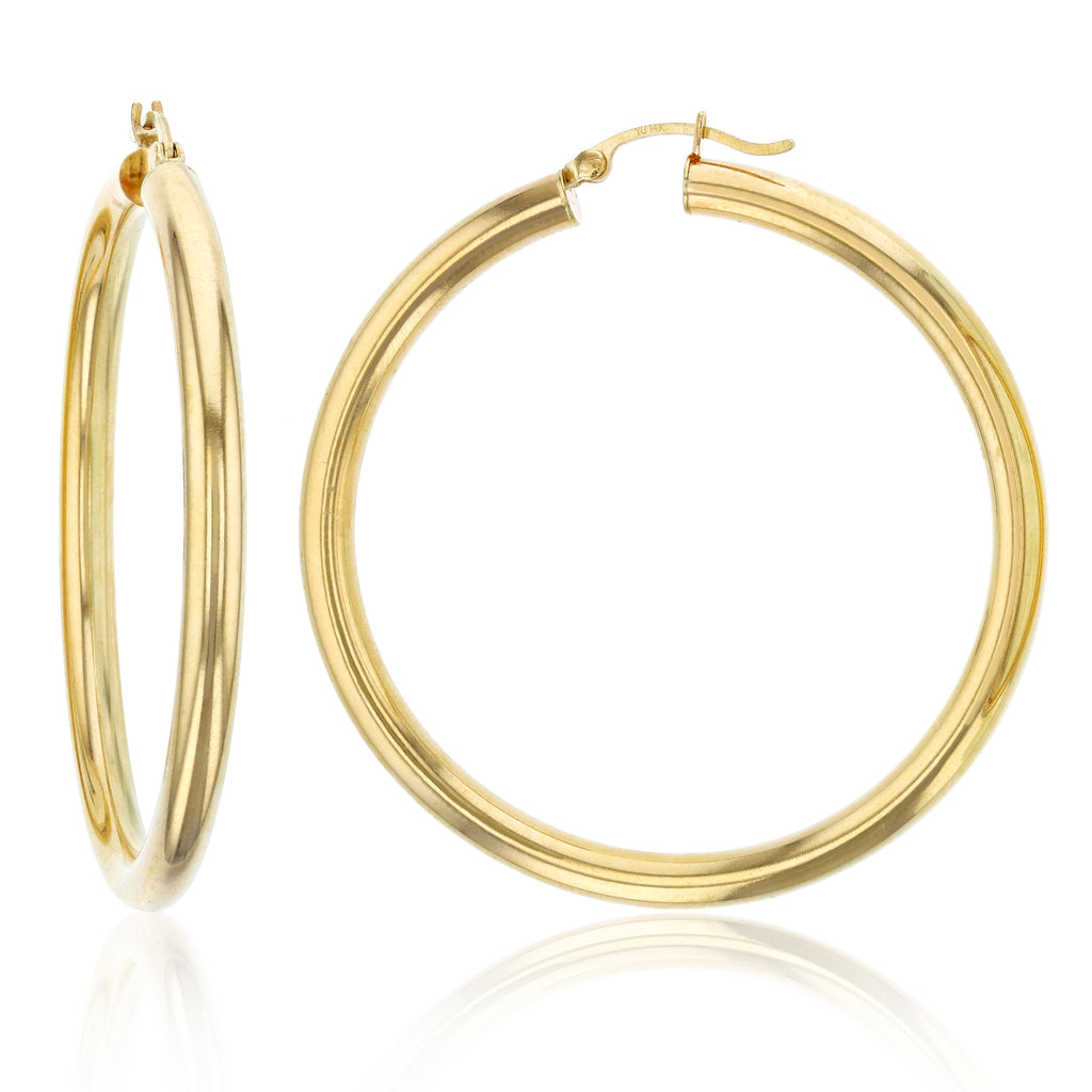 4mm X 50mm 2" Large Shiny Plain Bold Hoop Earrings REAL 14K Yellow Gold - besenn