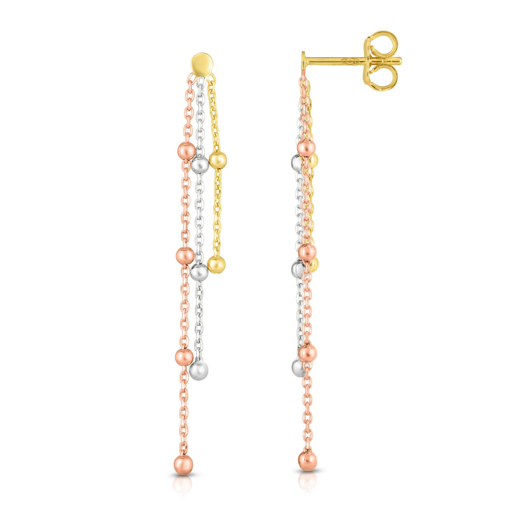 Tricolor Bead Ball Drop Down Dangle Earrings Real 14K Gold - besenn