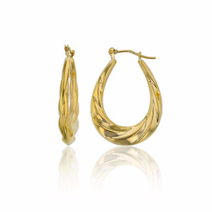1" Graduated Wavy Textured Polished Oval Hoop Earrings Real 14K Yellow Gold - besenn