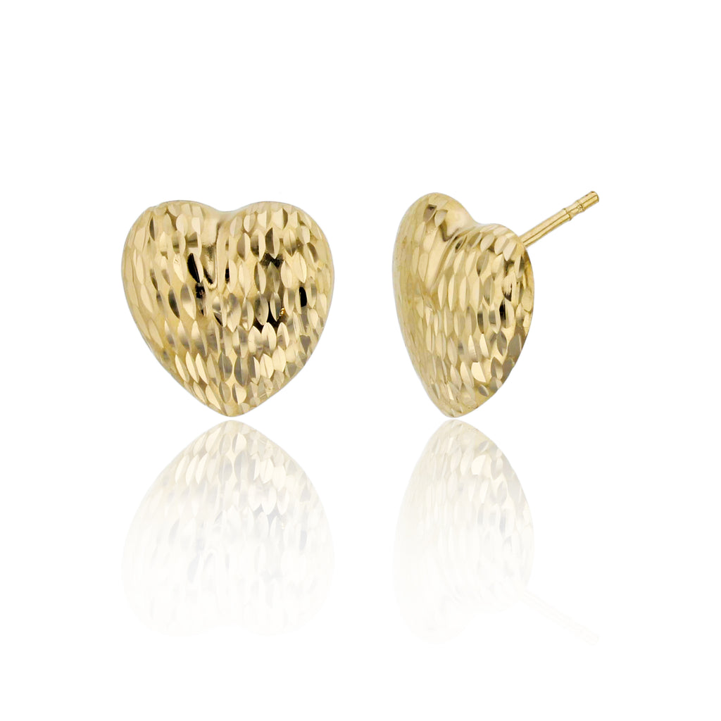 Italian Diamond Cut Heart Stud Earrings Real 14K Yellow Gold - besenn