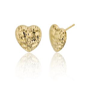 Italian Diamond Cut Heart Stud Earrings Real 14K Yellow Gold - besenn