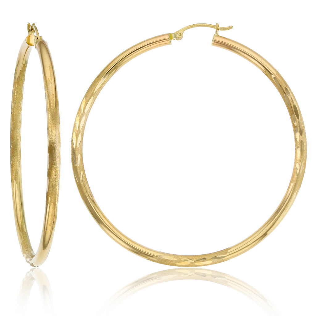 3mm X 60mm Large Diamond Cut Shiny Round Hoop Earrings REAL 14K Yellow Gold - besenn
